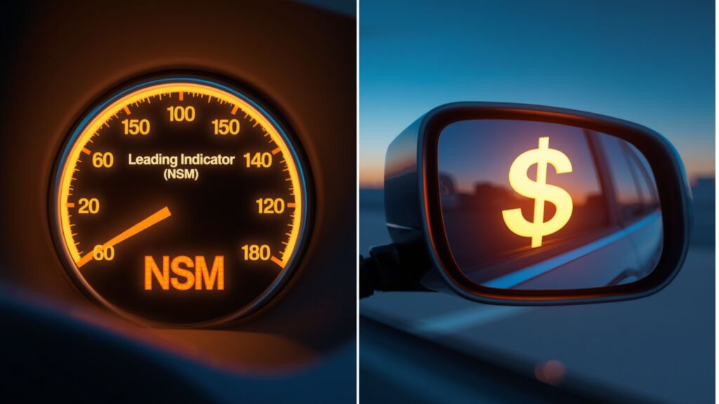 Comparison of a speedometer as a leading indicator and a rearview mirror as a lagging indicator of business growth.