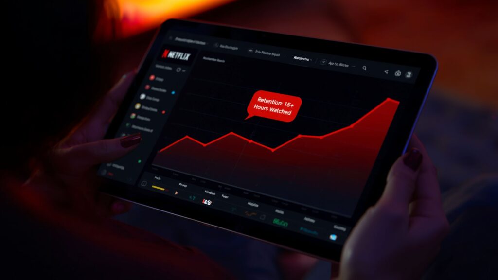 Digital dashboard showing Netflix's North Star metric of monthly retention through hours watched.