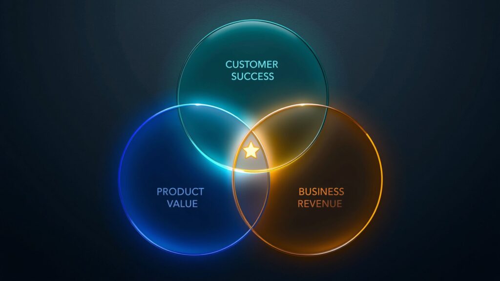Venn diagram showing the intersection of customer success, product value, and revenue as the North Star Metric.