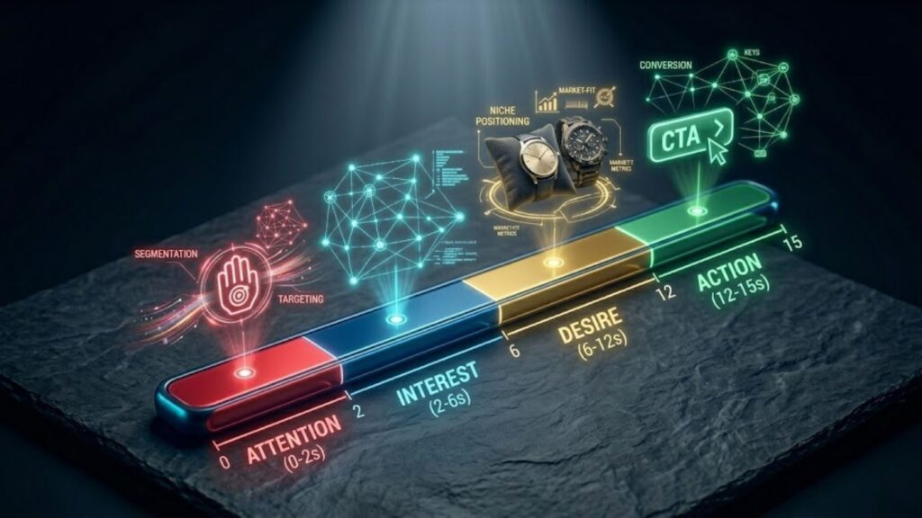 A 15-second video timeline breakdown using the AIDA marketing framework.