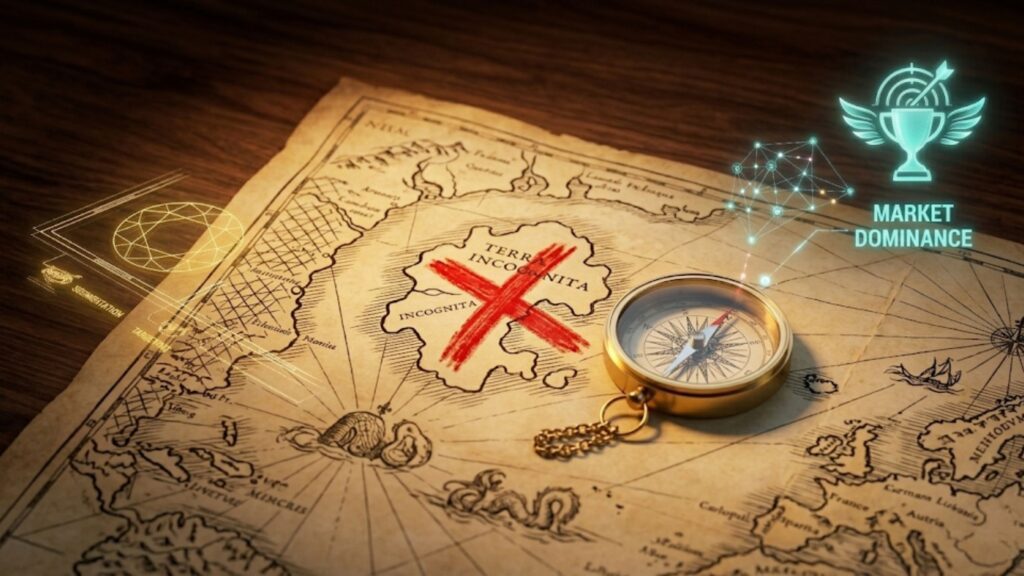 A map and compass used to symbolize the tactical selection of a target market.