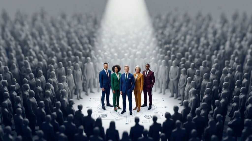 A small, vibrant group of people highlighted within a large, blurry crowd to represent market segmentation.