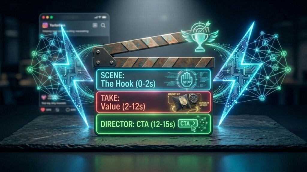 A film clapboard outlining the structure of a high-converting 15-second social media video.