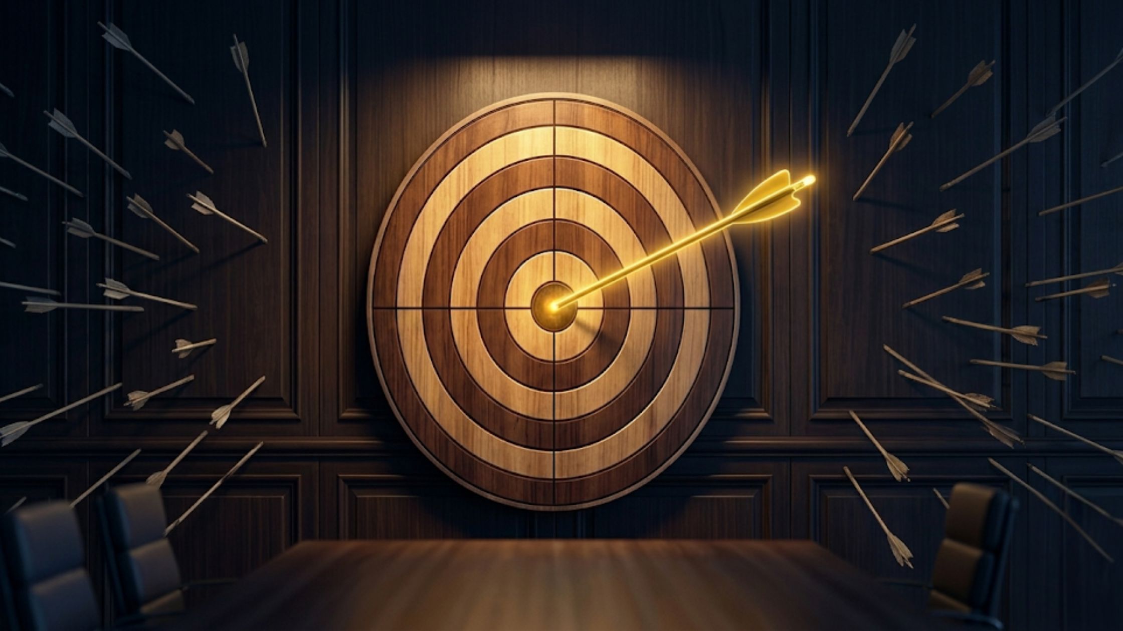 A glowing gold arrow hitting a bullseye amidst failed grey arrows, representing targeted STP marketing.