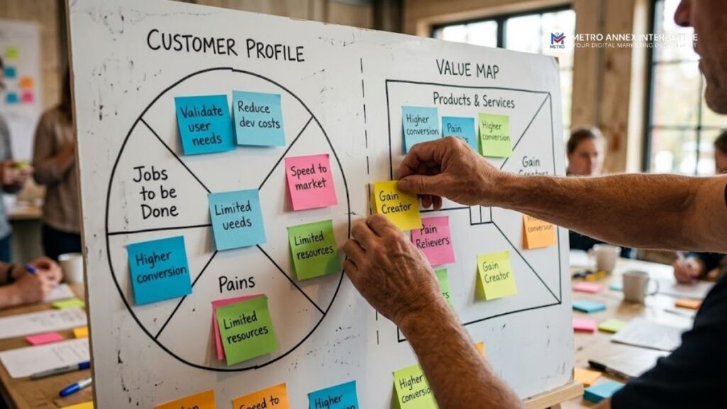 Team building a Value Proposition Canvas using sticky notes on a whiteboard