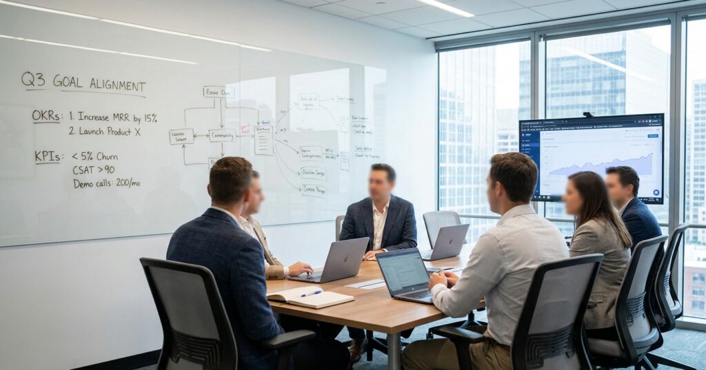 A strategic team meeting room with a glass whiteboard mapping out goal alignment and okrs vs kpis