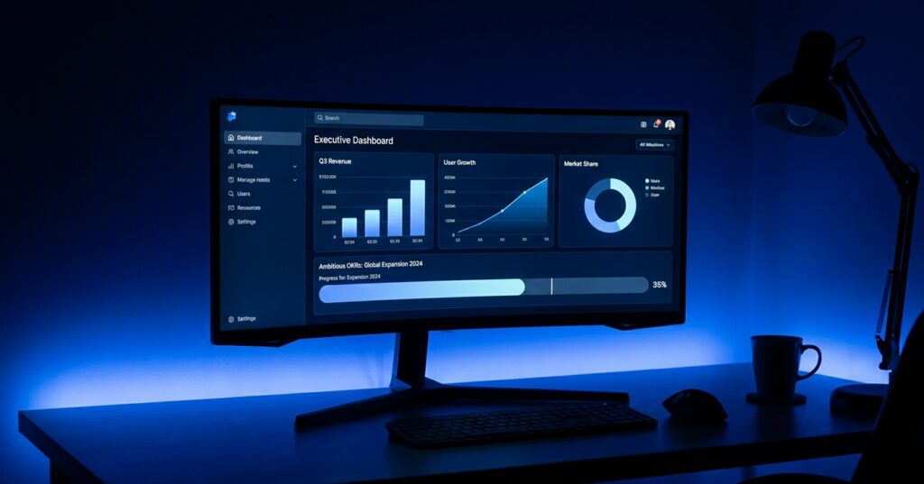 An executive dashboard displaying key performance indicators alongside objective key results