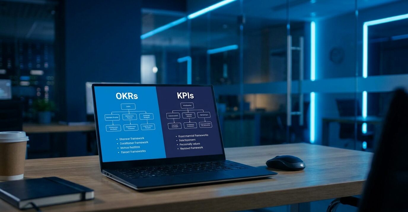 A split screen laptop display comparing okrs vs kpis in a modern corporate setting