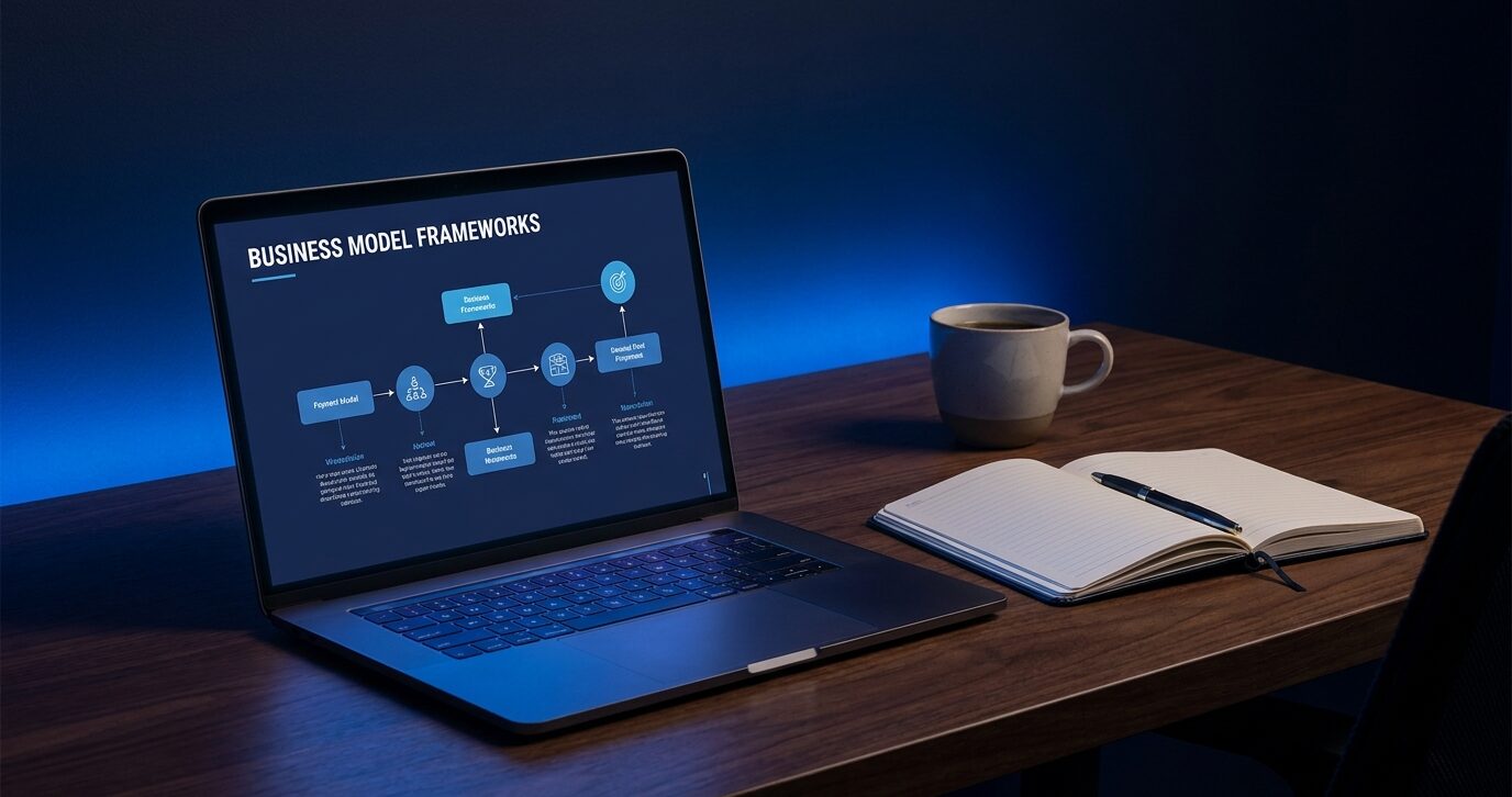 A clean modern workspace with a notebook and laptop displaying solopreneur business frameworks