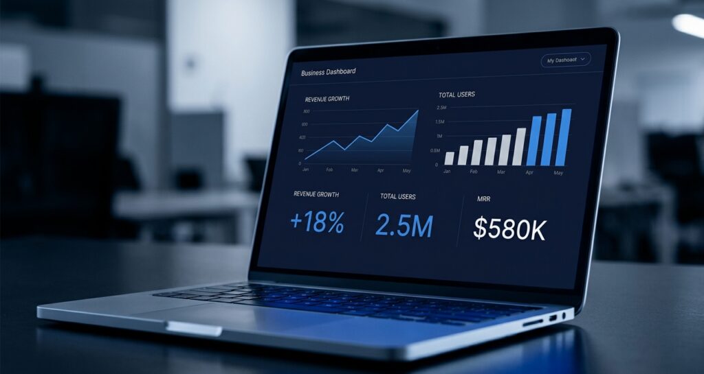  A laptop screen displaying a clean business metrics dashboard with simple growth charts