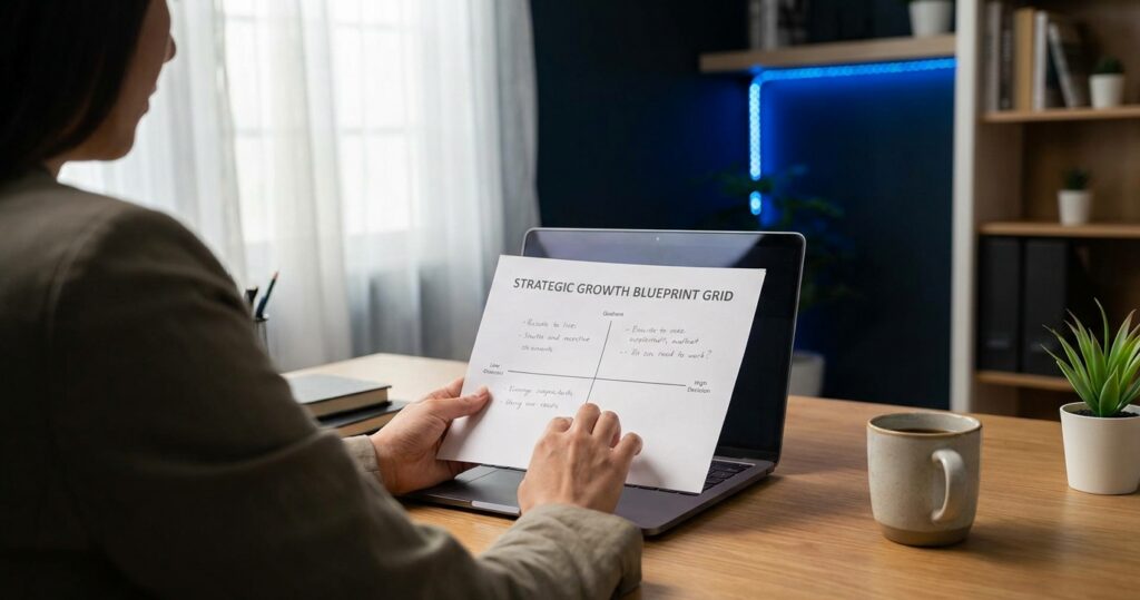 A solopreneur reviewing a simple strategic growth blueprint at a home office desk